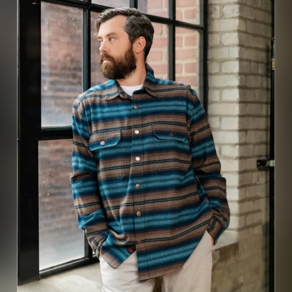 Woolly Dry Goods Flannel Shirtjac  9oz Light Blue/Navy Stripe Southwest Size 2XL
